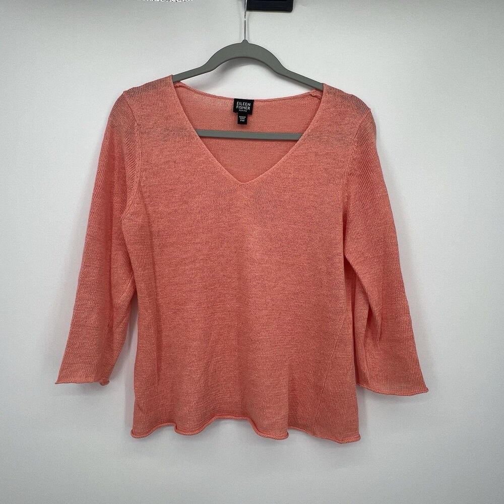 Eileen Fisher Womens Linen Top Sz M Petite Peach Open Knit 3/4 Sleeves Coastal